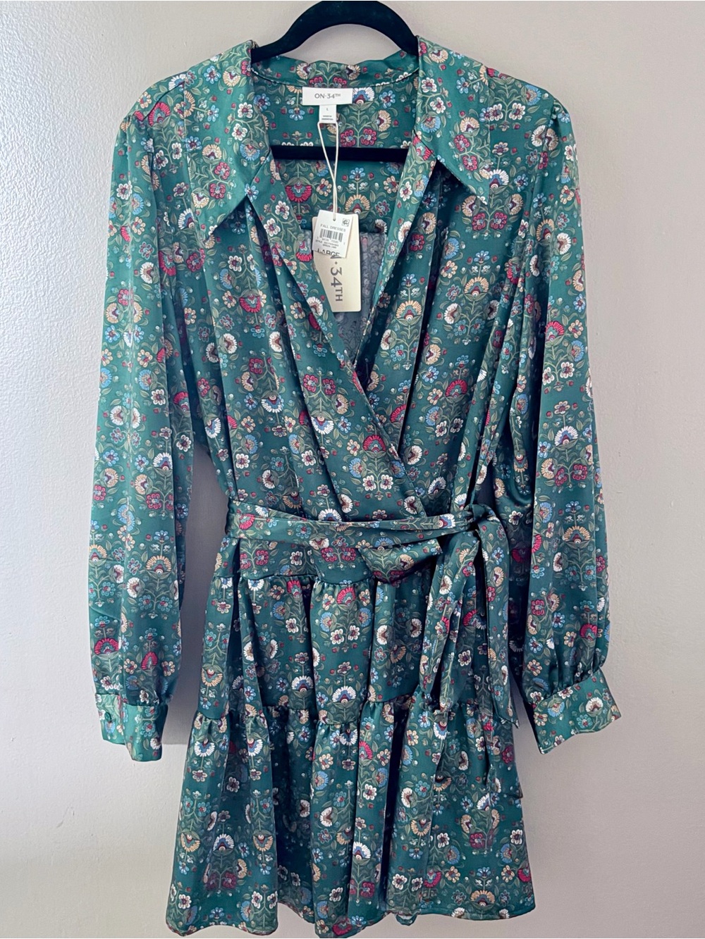 Green Floral Mini Dress Long Sleeve Wrap Tie Belt Large NWT ON 34th